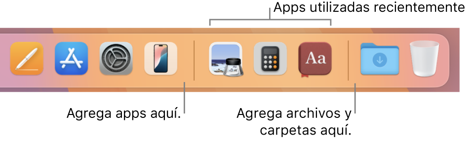 Una parte del Dock mostrando las líneas de separación entre apps, apps usadas recientemente, archivos y carpetas.