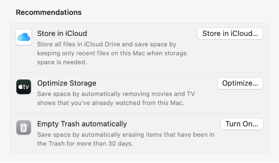 La sección Recomendaciones en la configuración de de Almacenamiento mostrando las opciones Guardar en iCloud, Vaciar Basurero automáticamente y Optimizar almacenamiento.