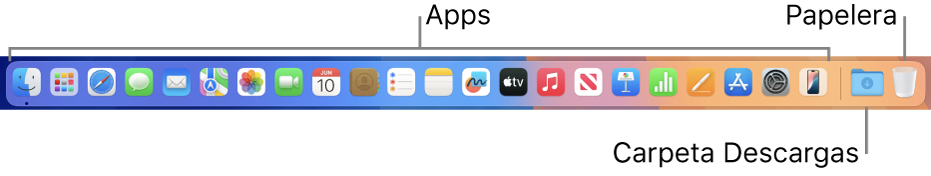 Dock que muestra iconos de apps, la pila Descargas y la Papelera.