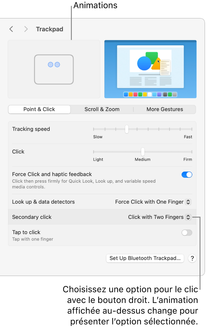 Les options relatives au trackpad dans Réglages Système affichant l’option du clic secondaire définie sur « Cliquer avec 2 doigts » et l’animation correspondante.