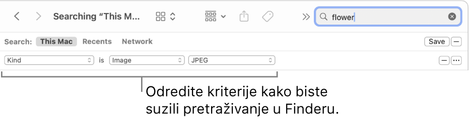 Prozor Findera s poljima za određivanje kriterija pretrage.