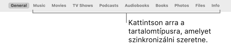 Az ablak felső részén a beállítások sora látható a szinkronizálható tartalmak típusaival.