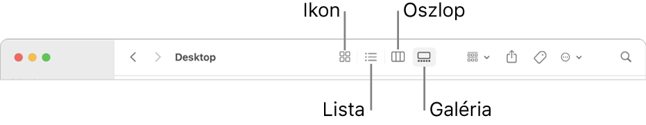 A Finder ablakának felső részén egy mappa Nézetbeállítás gombjai láthatók.