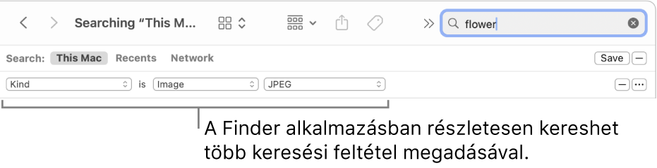 Finder-ablak mezőkkel, ahol megadhatók a keresési feltételek.