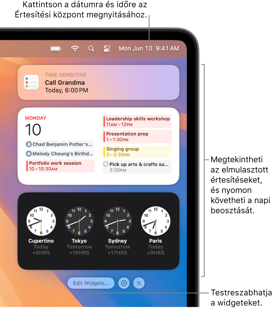 Értesítések és widgetek az Értesítési központban.
