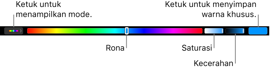 Touch Bar menampilkan penggeser rona, saturasi, dan kecerahan untuk mode HSB. Terdapat tombol untuk menampilkan semua mode di ujung kiri; tombol untuk menyimpan warna khusus di kanan.