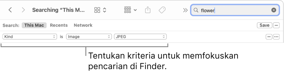 Jendela Finder dengan bidang untuk menetapkan kriteria pencarian.