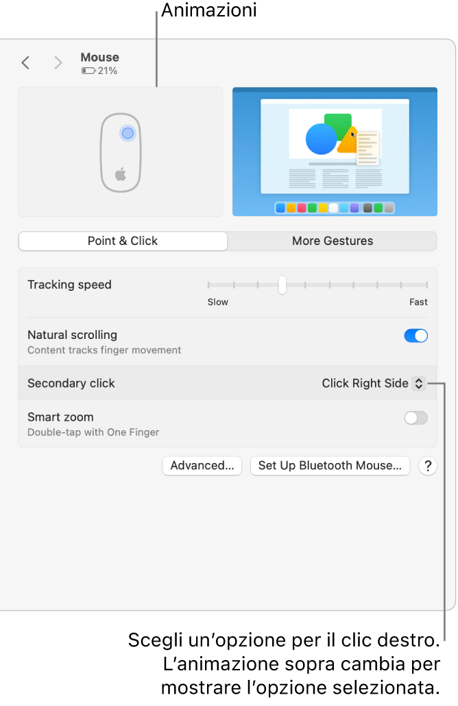 Le opzioni Mouse in Impostazioni di Sistema che mostrano l’opzione per il clic secondario impostata su “Clic lato destro” e l’animazione corrispondente.
