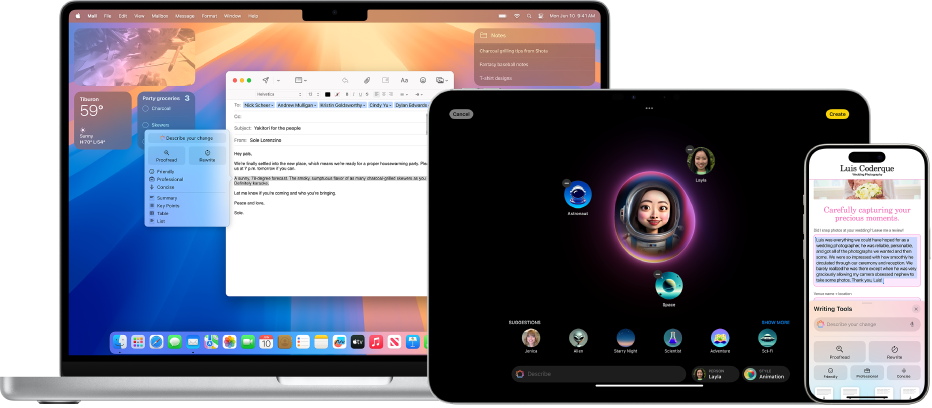 Le funzionalità di Apple Intelligence mostrate su un Mac, un iPad e un iPhone.