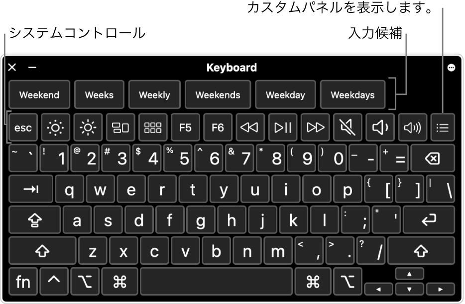 上部に入力候補が表示されているアクセシビリティキーボード。下には、ディスプレイの輝度調整やカスタムパネルの表示などを実行するシステムコントロールのボタンが表示されています。