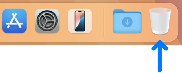 Dockの右側。右端に「ゴミ箱」アイコンがあります。