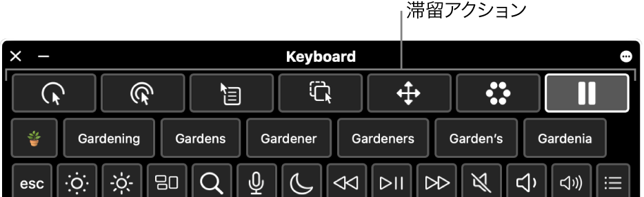 アクセシビリティキーボード上部にある滞留アクションボタン。