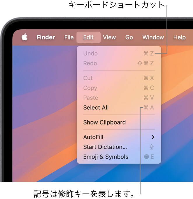 Finderで「編集」メニューが開いていて、メニュー項目の横にキーボードショートカットが表示されています。