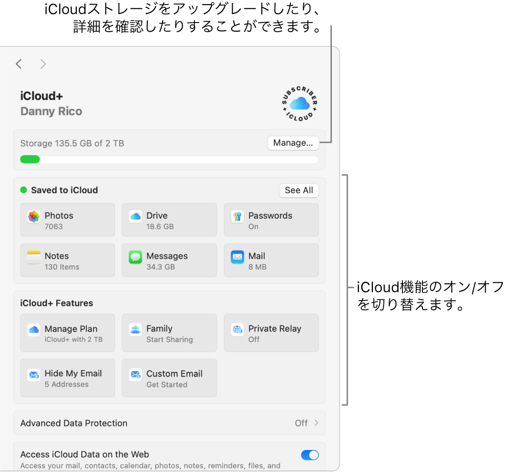 すべての機能がオンになっているiCloud設定。