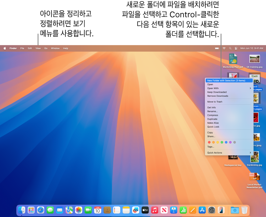 파일과 폴더가 보이는 데스크탑. 새로운 폴더로 옮길 여러 개의 파일이 선택됨. 선택한 파일을 Control-클릭하면 팝업 메뉴가 나타나며 ‘선택 항목이 있는 새로운 폴더’를 선택함.