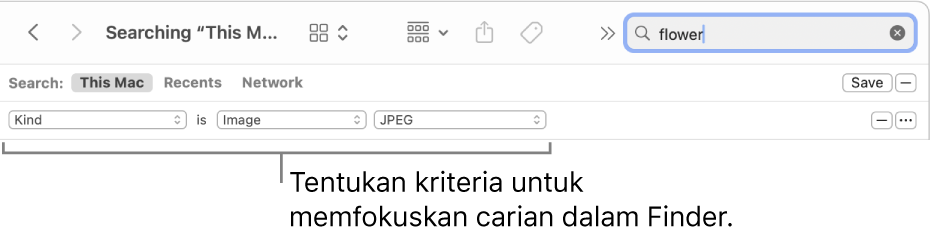 Tetingkap Finder dengan medan untuk menentukan kriteria carian.