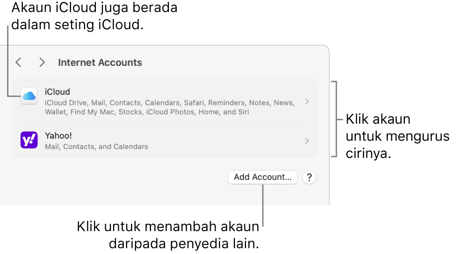 Seting Akaun Internet dengan akaun yang disediakan pada Mac disenaraikan.