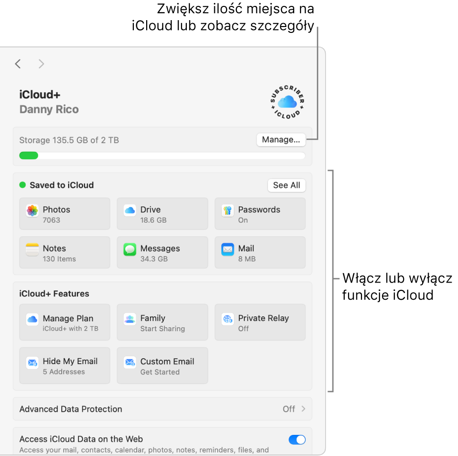 Ustawienia iCloud z włączonymi wszystkimi funkcjami.