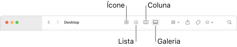 Parte superior de uma janela do Finder mostrando os botões de opções de visualização para uma pasta.