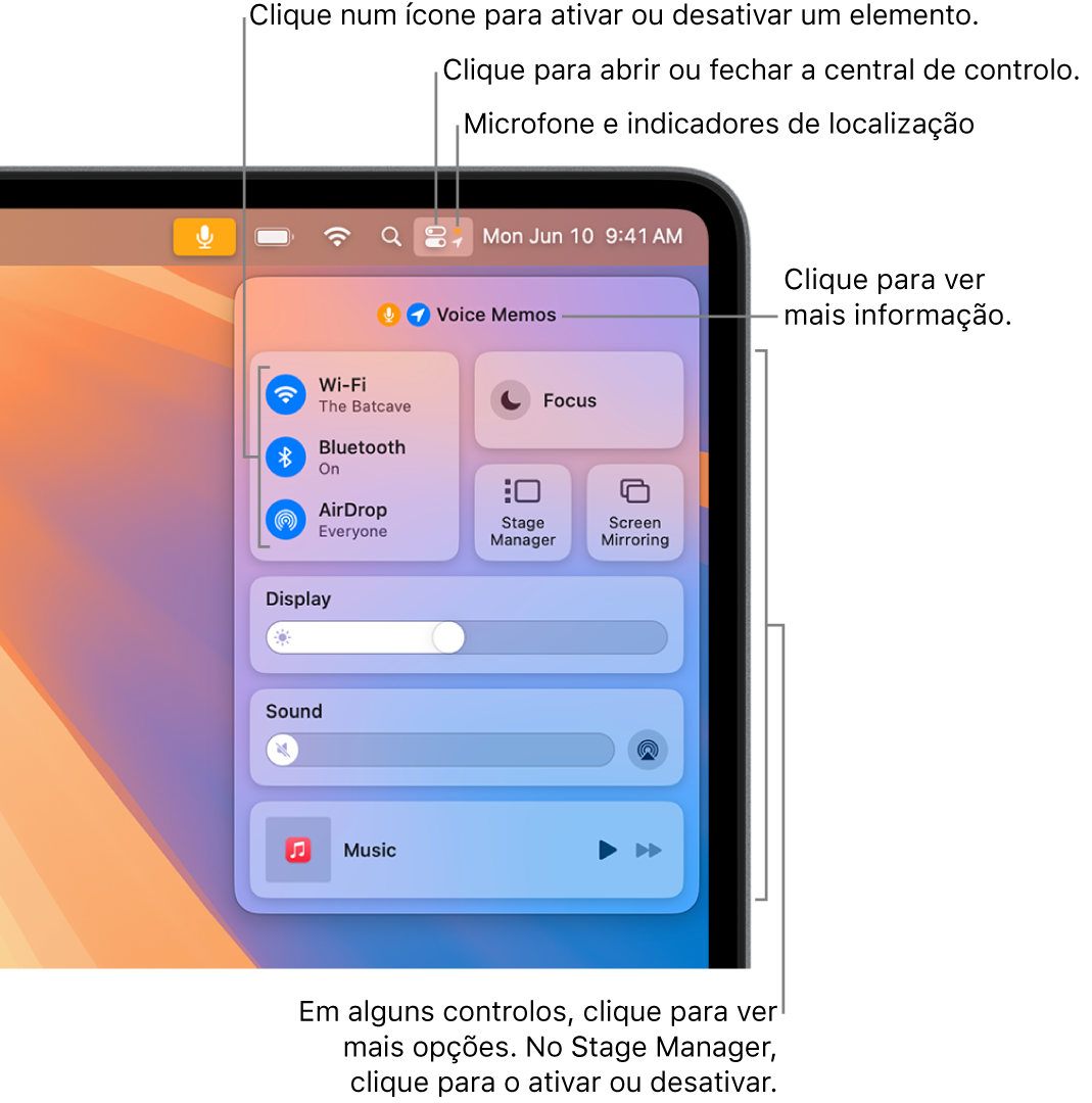 Central de controlo na parte superior direita do ecrã, a mostrar controlos para Wi-Fi, Foco, Som e “A reproduzir”, entre outros.