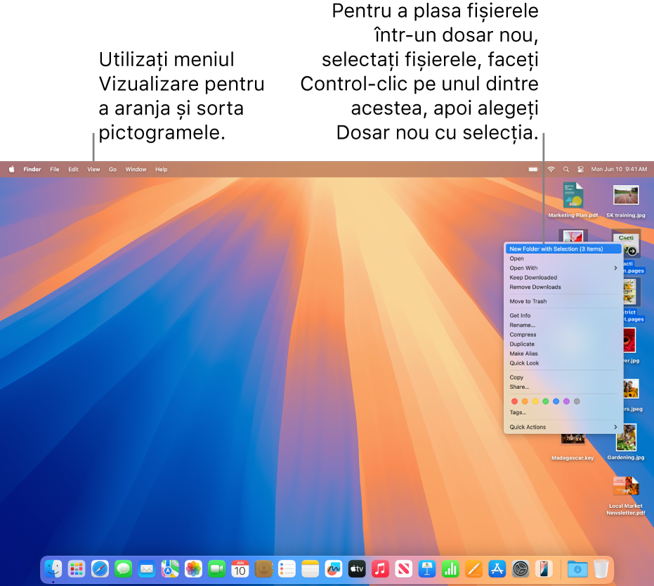 Un desktop care afișează fișiere și dosare. Mai multe fișiere sunt selectate pentru a fi plasate într‑un dosar nou. Un Control‑clic pe un fișier selectat afișează un meniu pop‑up și este afișată opțiunea Dosar nou cu selecția.