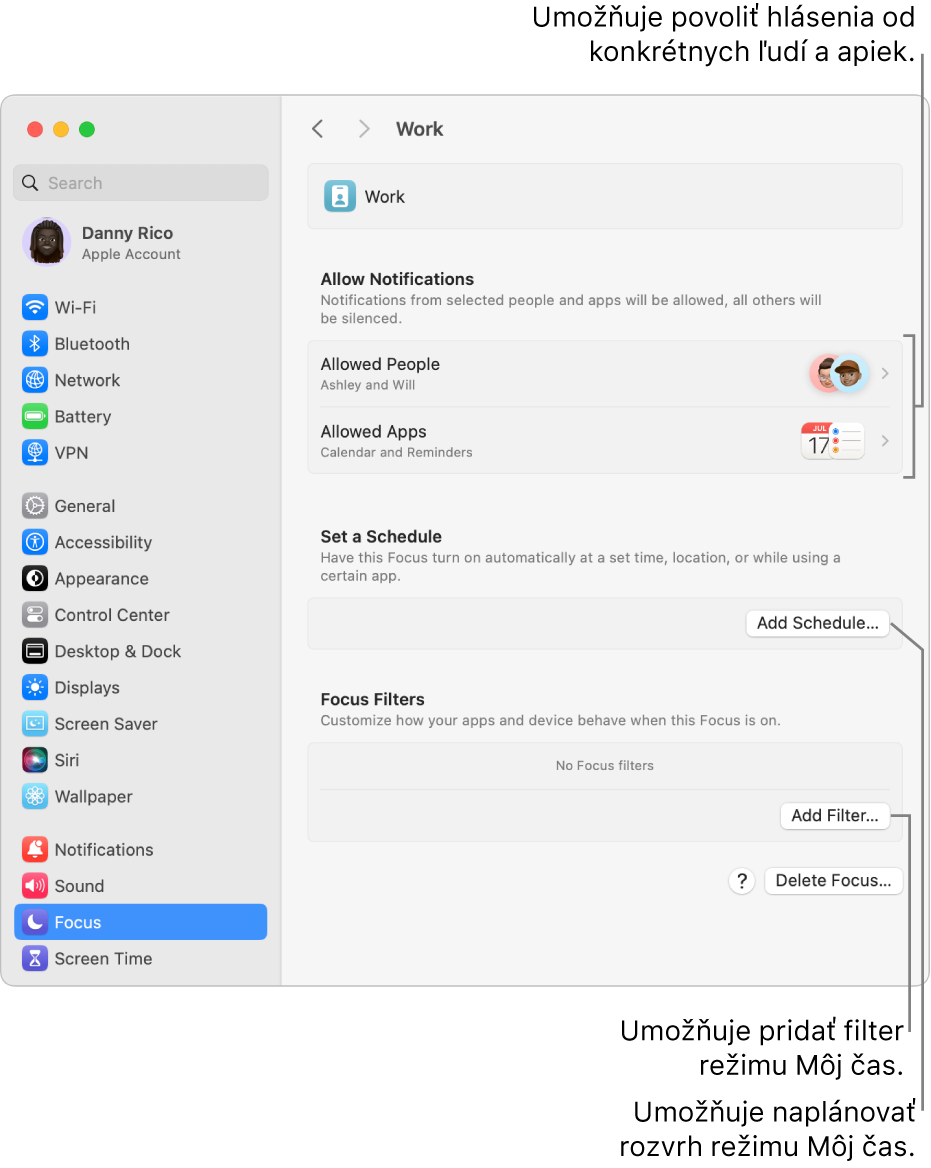 Nastavenia Môjho času zobrazujúce nastavenia pre Môj čas na prácu. V hornej časti zoznamu ľudí a apiek, ktorých hlásenia sú povolené, keď je aktívny režim Môj čas na prácu.