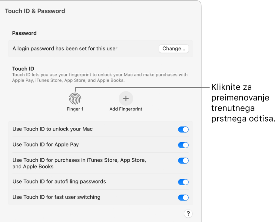 Nastavitve za Touch ID in geslo, ki prikazujejo, da je prstni odtis pripravljen in ga je mogoče uporabiti za odklepanje Maca.