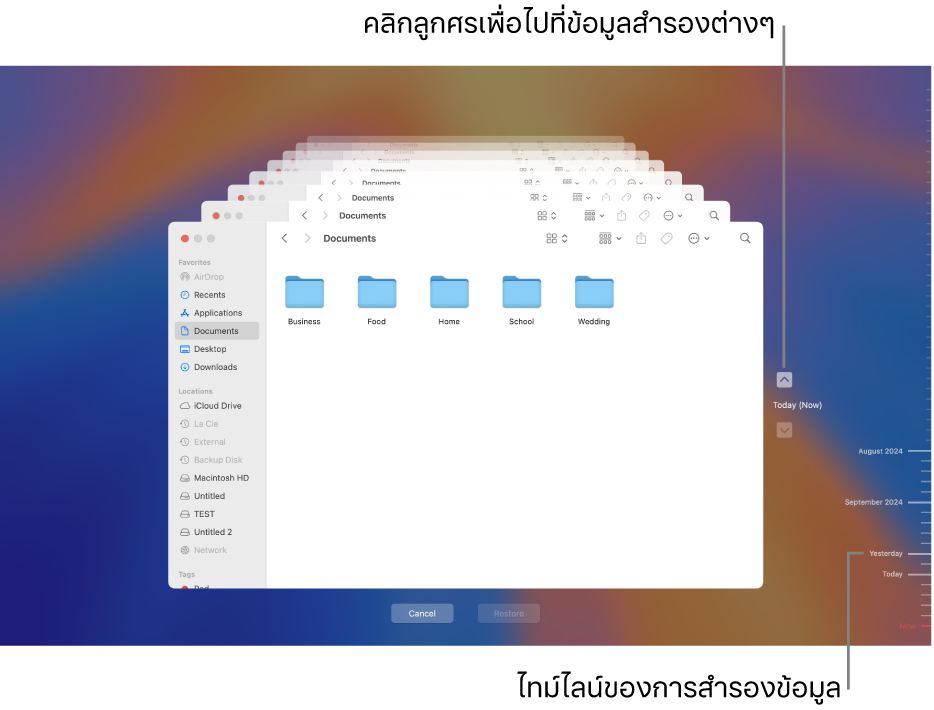 หน้าต่าง Time Machine ที่แสดงหน้าจอ Finder หลายหน้าจอซ้อนกันอยู่เพื่อเป็นตัวแทนของข้อมูลสำรองแต่ละตัว พร้อมกับลูกศรสำหรับการนำทาง ลูกศรและไทม์ไลน์ข้อมูลสำรองทางด้านขวาจะช่วยคุณนำทางไปยังข้อมูลสำรองของคุณเพื่อให้คุณสามารถเลือกได้ว่าจะกู้คืนไฟล์ไหน