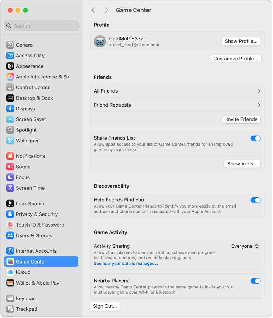 Обліковий запис Game Center, вибраний у Системних параметрах, і список ігрових опцій праворуч.