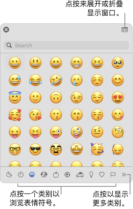 “字符检视器”窗口。点按底部的一个类别以浏览字符或符号。在搜索栏中，输入符号名称或代码以查找特定字符。在右上角中，点按以展开或折叠检视器。