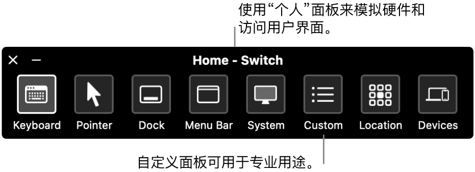 “切换控制”的“个人面板”，从左到右包括的按钮分别用于控制键盘、指针、程序坞、菜单栏、系统控制、自定义面板、屏幕定位和其他设备。