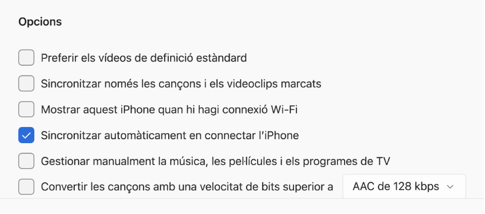 Opcions de sincronització del dispositiu Apple i l’ordinador Windows. L’opció “Sincronitzar automàticament en connectar l’iPhone” està sincronitzada.