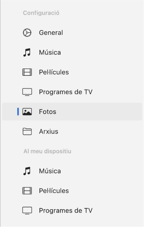 La barra lateral amb l'opció “Fotos” seleccionada.