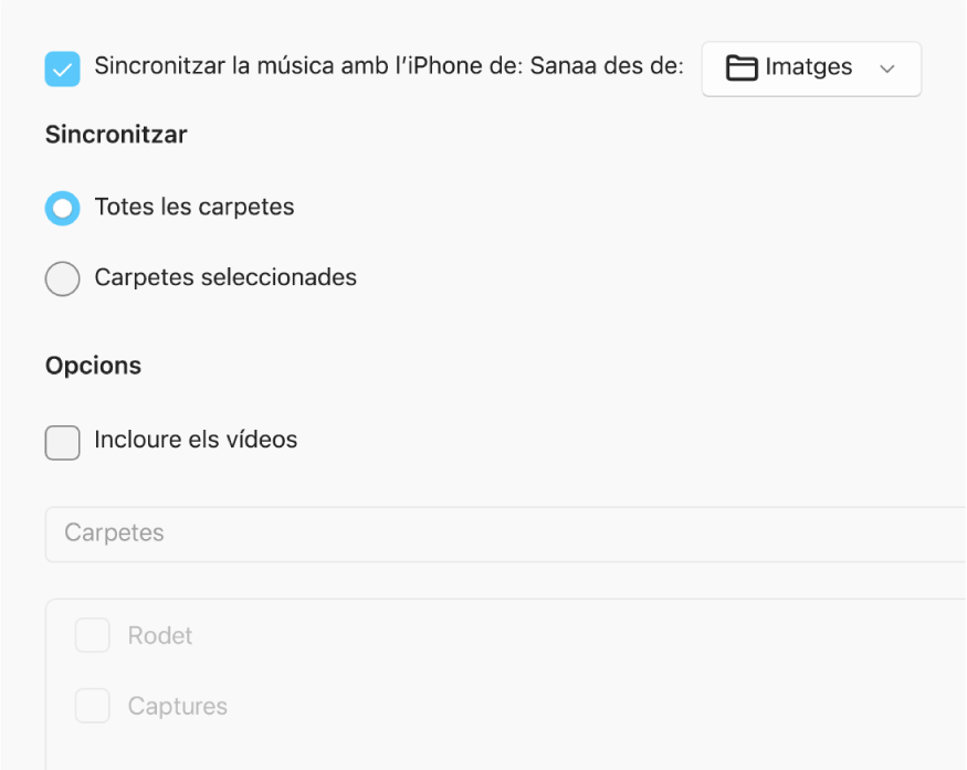 Els botons de selecció “Tots els àlbums i les fotos” i “Els àlbums seleccionats” apareixen amb les caselles “Només favorits”, “Incloure els vídeos” i “Incloure automàticament les fotos de” a continuació.