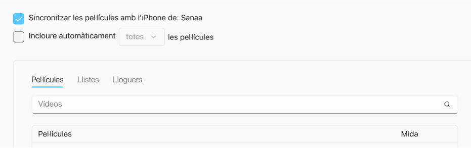 La casella “Sincronitzar les pel·lícules amb [dispositiu]” està marcada. A sota, la casella “Incloure automàticament” està marcada, i l’opció “totes” és l’escollida al menú desplegable.