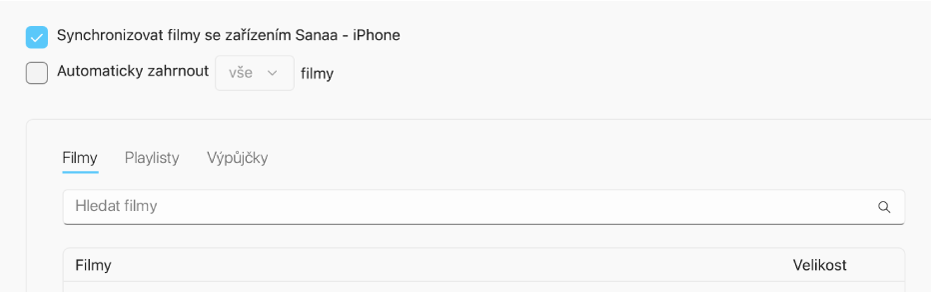 Zaškrtnuté políčko „Synchronizovat filmy se zařízením [zařízení]“ a pod ním místní nabídka „Automaticky zahrnout“