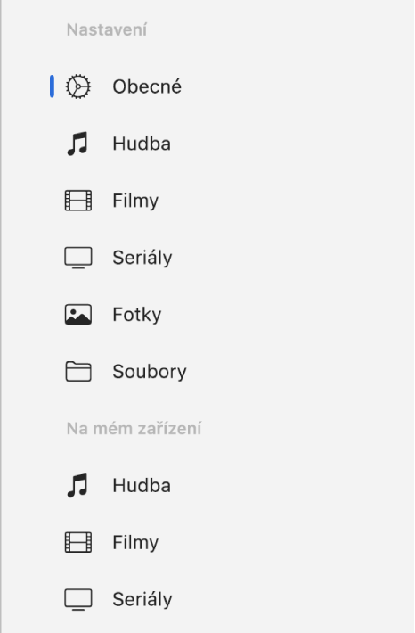 Boční panel s tlačítkem Obecné a tlačítky různých typů obsahu, jako je například hudba, filmy, seriály apod.