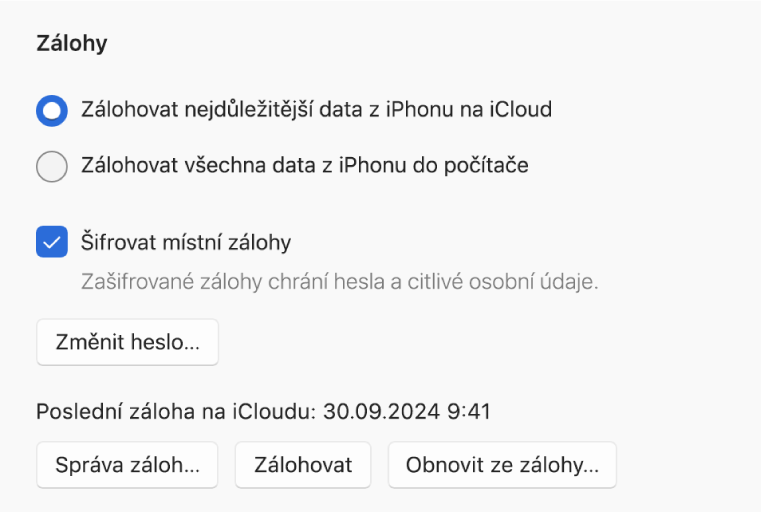 Volby zálohování dat ze zařízení, tvořené dvěma tlačítky pro výběr zálohování na iCloud nebo do zařízení s Windows, zaškrtávacím políčkem „Šifrovat místní zálohy“ pro šifrování zálohovaných dat a dalšími tlačítky pro správu záloh, obnovení ze zálohy a spuštění zálohování