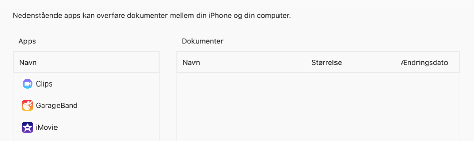 I vinduet Filer vises apps, som kan synkronisere til en enhed.