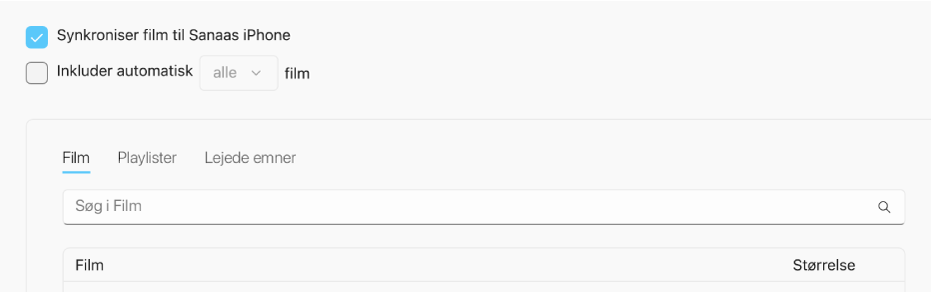 Afkrydsningsfeltet ”Synkroniser film til [enhed]” er markeret. Under dette er afkrydsningsfeltet ”Inkluder automatisk” valgt, og ”alt” er valgt i lokalmenuen.