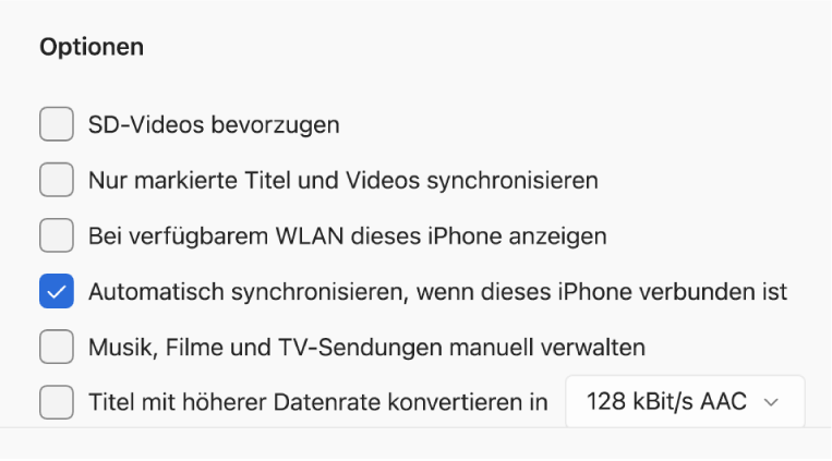 Optionen zum Synchronisieren deines Apple-Geräts und deines Windows-Geräts. „Automatisch synchronisieren, wenn dieses iPhone verbunden ist“ ist aktiviert.