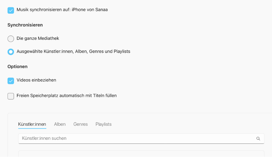 Das Feld „Musik synchronisieren auf“ wird zusammen mit weiteren Optionen für die Synchronisierung der gesamten Mediathek oder nur von ausgewählten Musiktiteln und den in der Synchronisierung eingeschlossenen Videos und Sprachmemos angezeigt.