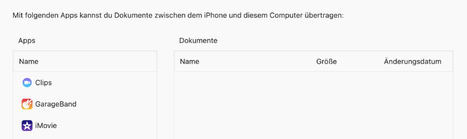 Das Fenster „Dateien“ zeigt die Apps, die auf ein Gerät synchronisiert werden können.