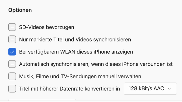 Die Synchronisierungsoptionen zum Verwalten von Inhalten.