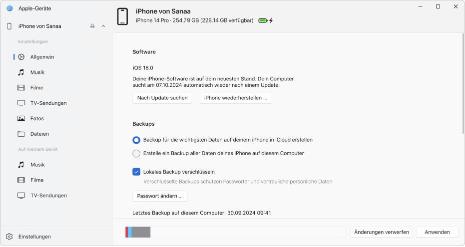 Ein in der Seitenleiste ausgewähltes Gerät und im Fenster angezeigte Synchronisierungsoptionen.