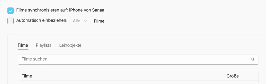 Das Feld „Filme synchronisieren auf: [Gerät]“ ist aktiviert und das Einblendmenü „Automatisch einbeziehen“ befindet sich darunter.