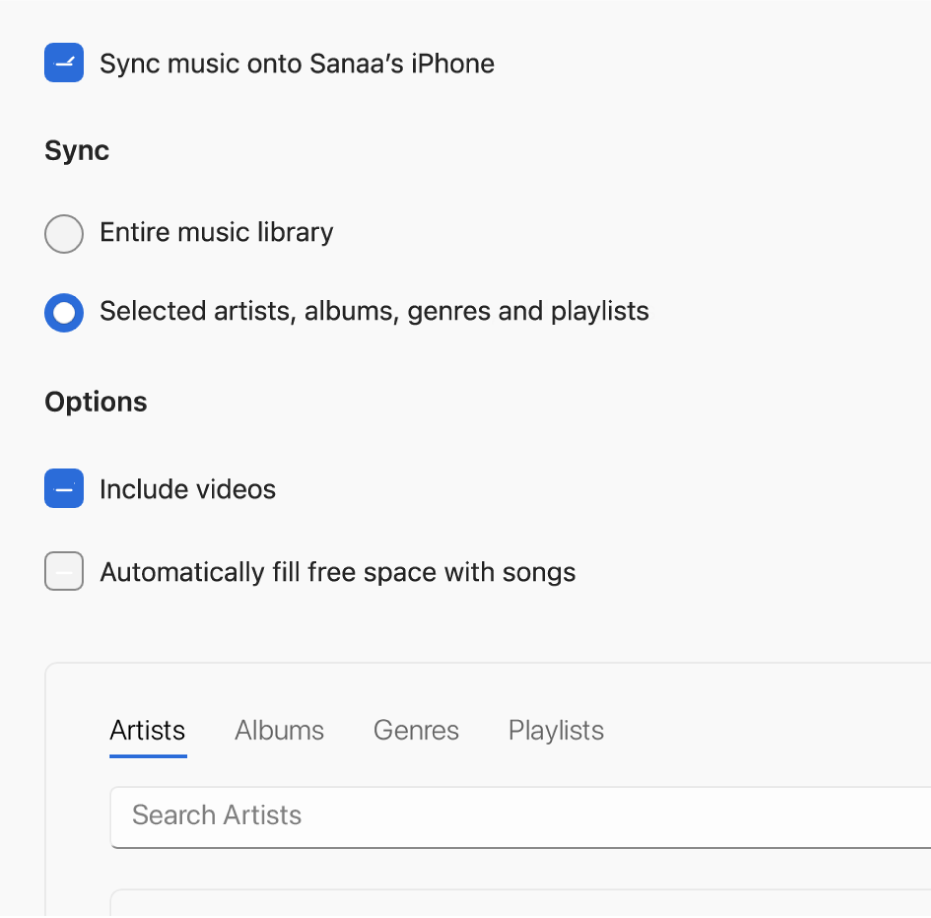 The Apple Devices window showing the syncing option for music.