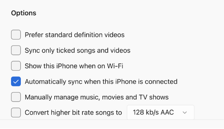 Options for syncing your Apple device and Windows device. “Automatically sync when this iPhone is connected” is selected.