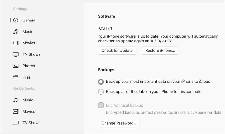 The Apple Devices main window showing the software, backup, and other options