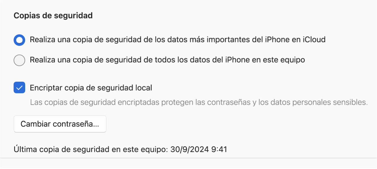 Una ventana de Dispositivos Apple con opciones para hacer copias de seguridad y restaurar un dispositivo Apple.